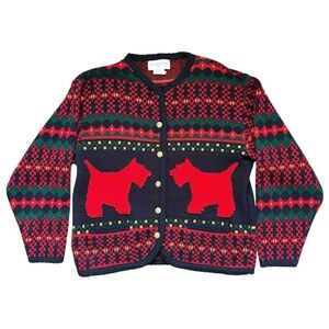 Casual Corner & Co Black Scottish Terrier Red and Green Sweater Cardigan
